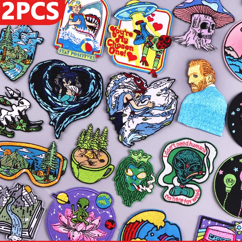 Parches de Van Gogh para ropa, parches de Alien para fumar en la ropa, insignias de aventura de montaña a rayas, 2 piezas - imagen 3