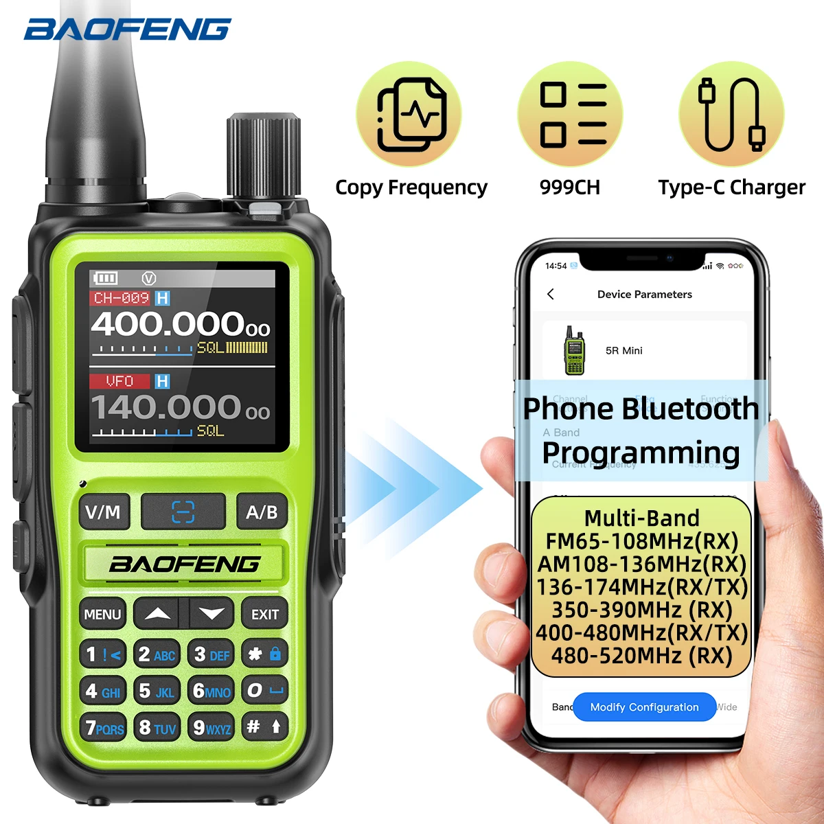 BAOFENG UV-5R Mini Walkie Talkie banda aérea Bluetooth programación frecuencia de copia inalámbrica 999CH banda completa Radio bidireccional de largo alcance - imagen 2
