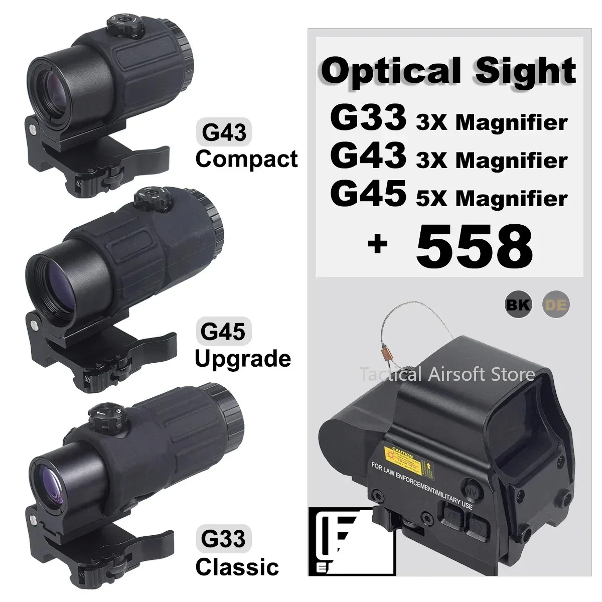 Lupa G43/G45/G33 3X 5X, mira óptica con tapa lateral, montaje en riel Picatinny, palanca QD 558, mira de punto rojo, reflejo táctico para caza