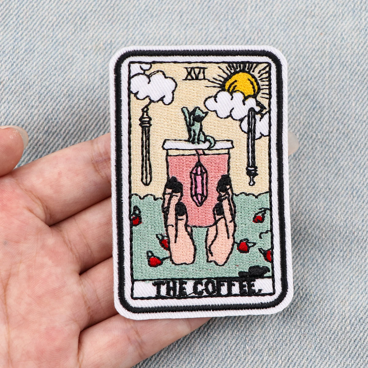 Parche de tarjeta de Tarot, parche bordado de café, parches para planchar para ropa, parches termoadhesivos para ropa, insignias para coser DIY