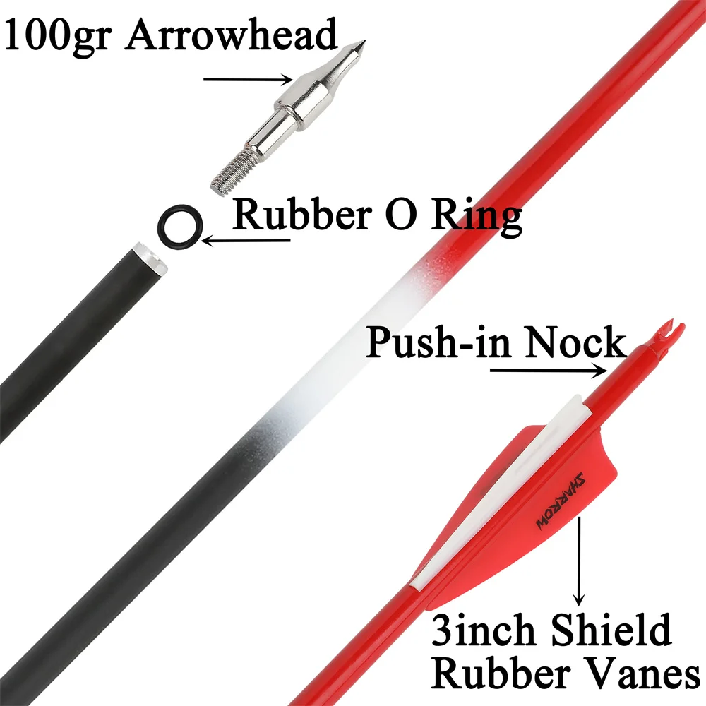 Flecha de tiro con arco SP500 de 31,5 pulgadas, paleta de goma de 3 ", punta de flecha de 100 granos, práctica de tiro y caza, 6/12 Uds. - imagen 2