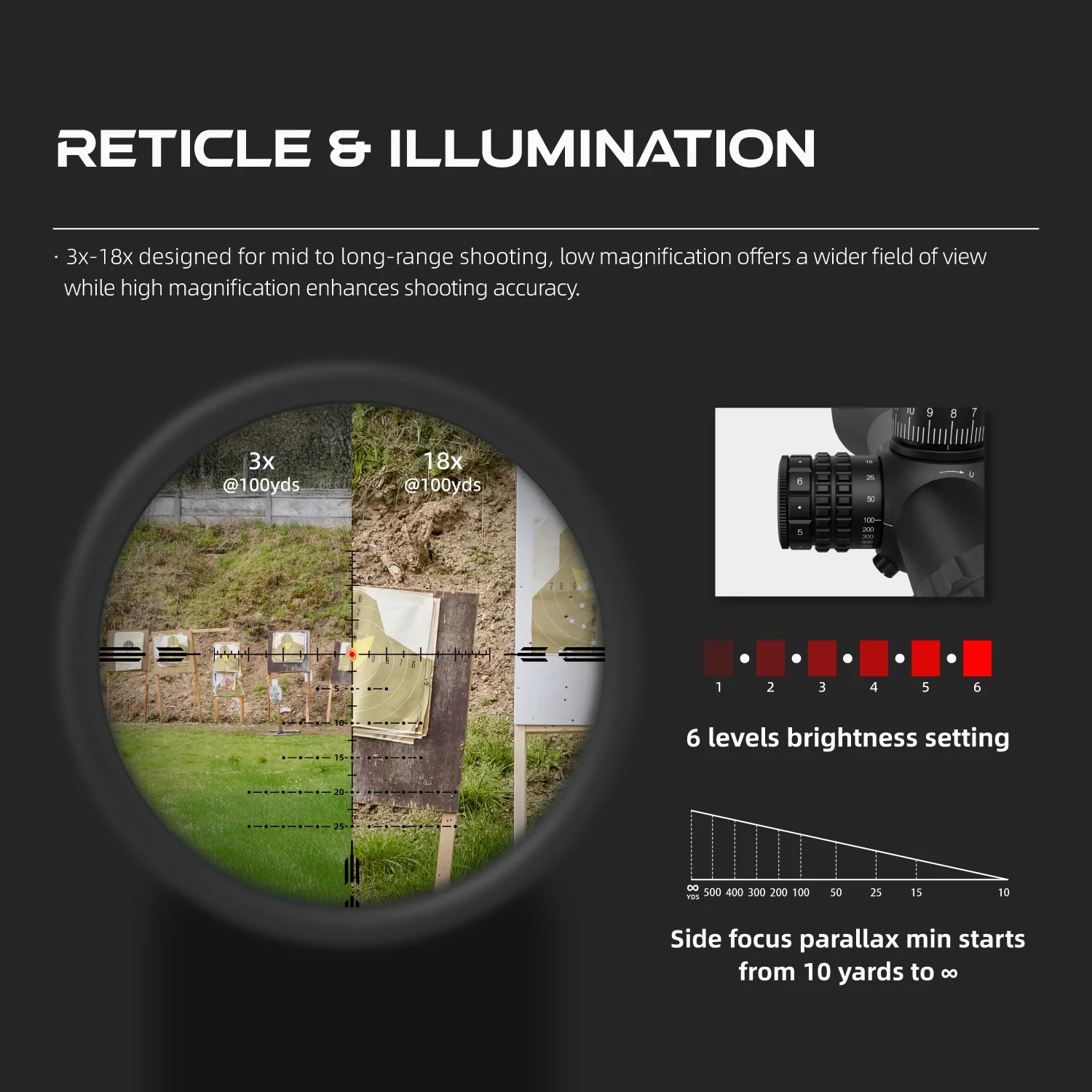 Mira Telescópica Vector Optics Orion 3-18x50 SFP HD Táctica | Tubo de 30 mm, 100 MOA, Lente FMC, 6 Modos de Iluminación Roja, Parada Cero - imagen 3