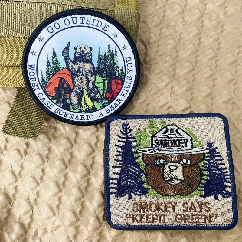 Smokey-Parche bordado de oso, insignia de Moral de gancho y bucle para acampar al aire libre, oso de advertencia, accesorios de mochila táctica, pegatina - imagen 2