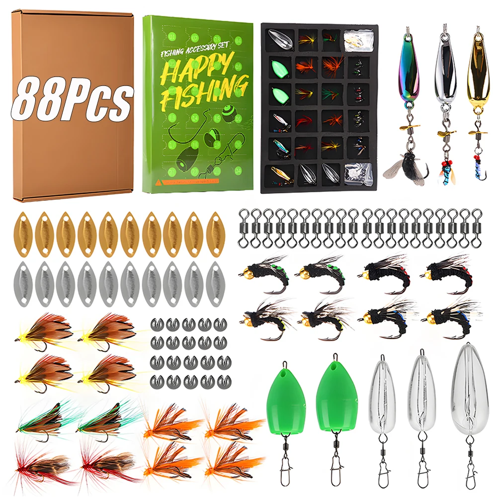 Calendario de Adviento de pesca con mosca, calendarios de cuenta atrás de Navidad 2025, juego de Señuelos de Pesca de 24 días, Kit de moscas, caja de aparejos de pesca, regalos