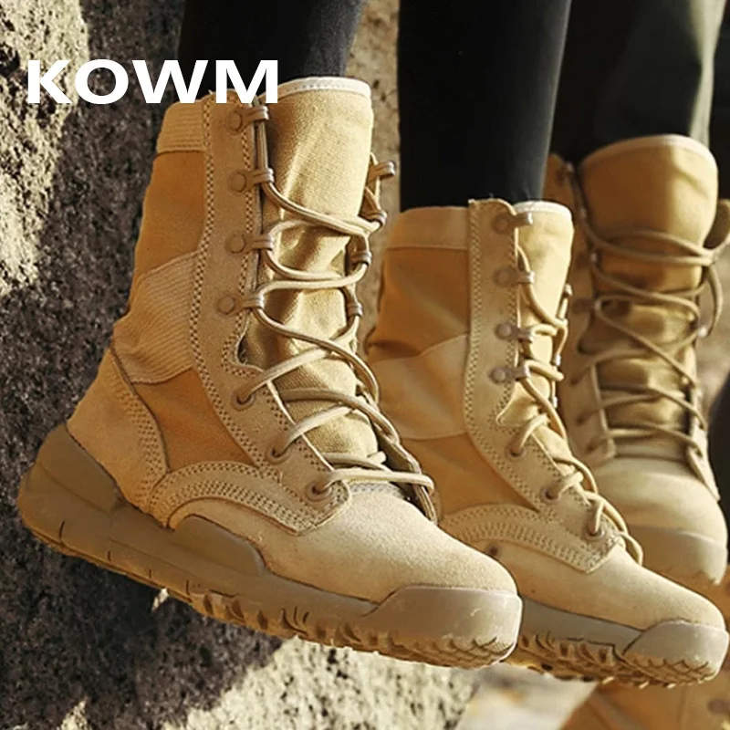 KOWM-zapatos de senderismo de cuero de vaca para hombre y mujer, botas impermeables de caza, zapatos tácticos de combate en el desierto, zapatillas tobilleras de caña alta - imagen 3