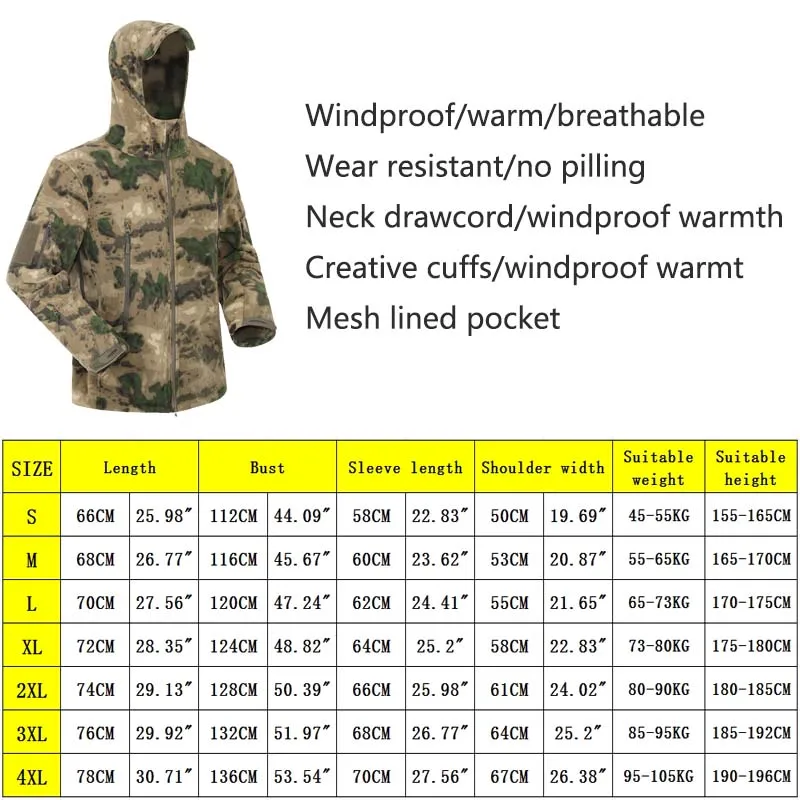 Chaquetas tácticas cálidas de lana para hombre, chaqueta de camuflaje CP, cortavientos, ropa de trabajo al aire libre, abrigo con capucha para senderismo, prendas de vestir con cremallera - imagen 2