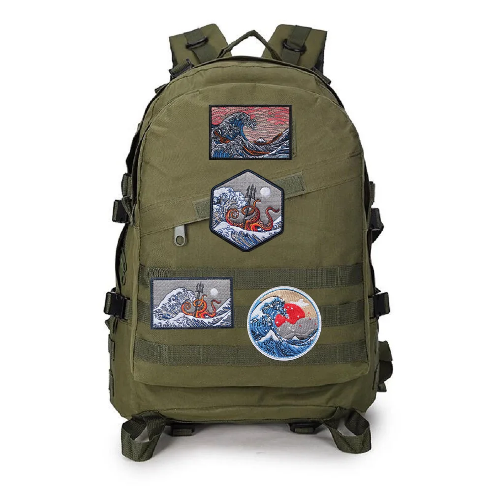 Sunrise Kanagawa-brazalete de moral bordado para Surf, parches de sirena de pulpo de onda grande para ropa con parche de gancho y bucle de mochila - imagen 3