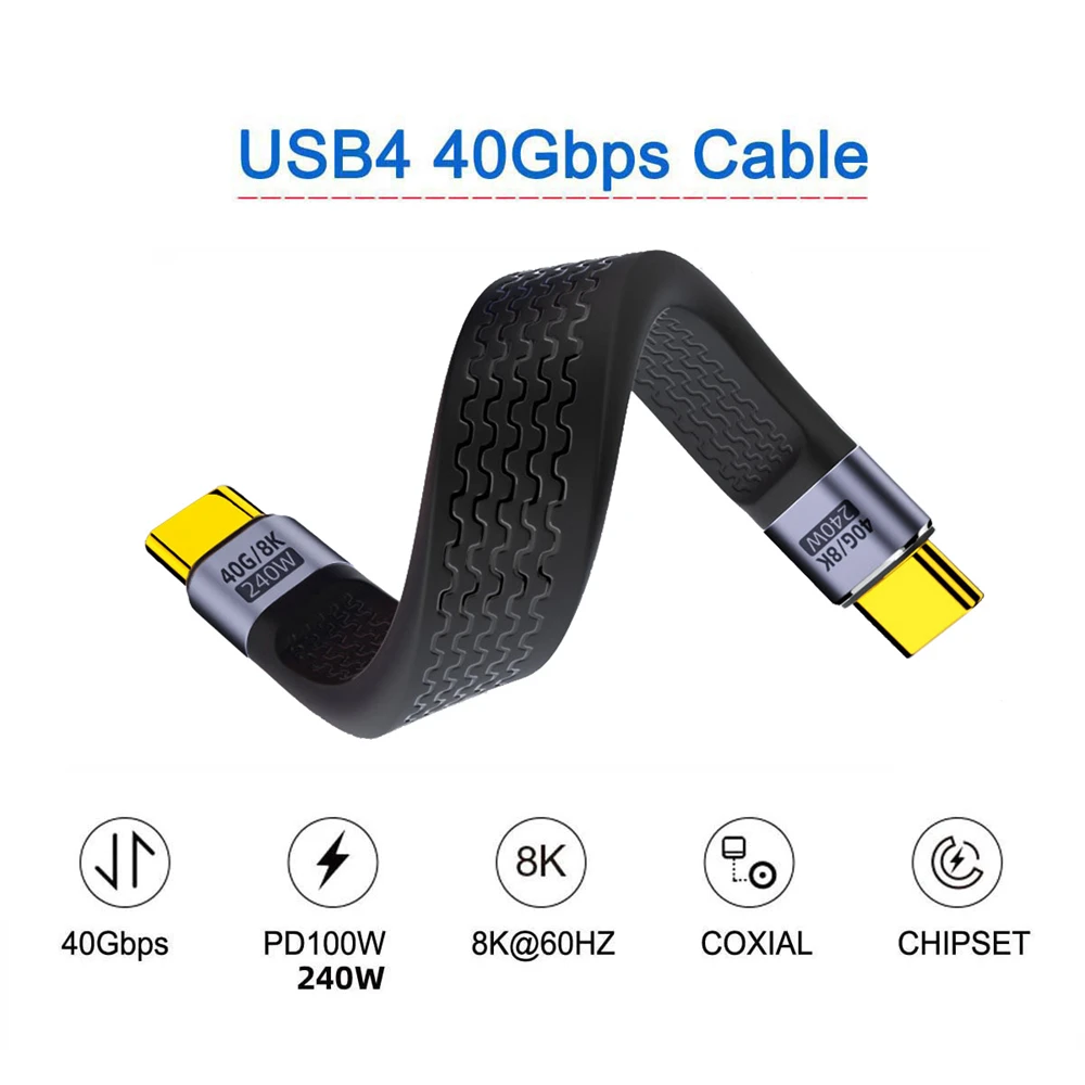 Cable de datos USB 4 Thunderbolt 100W 5A USB C macho a C macho Cable PD rápido 40Gbps 240W 8K plano Delgado FPC para teléfono portátil - imagen 2