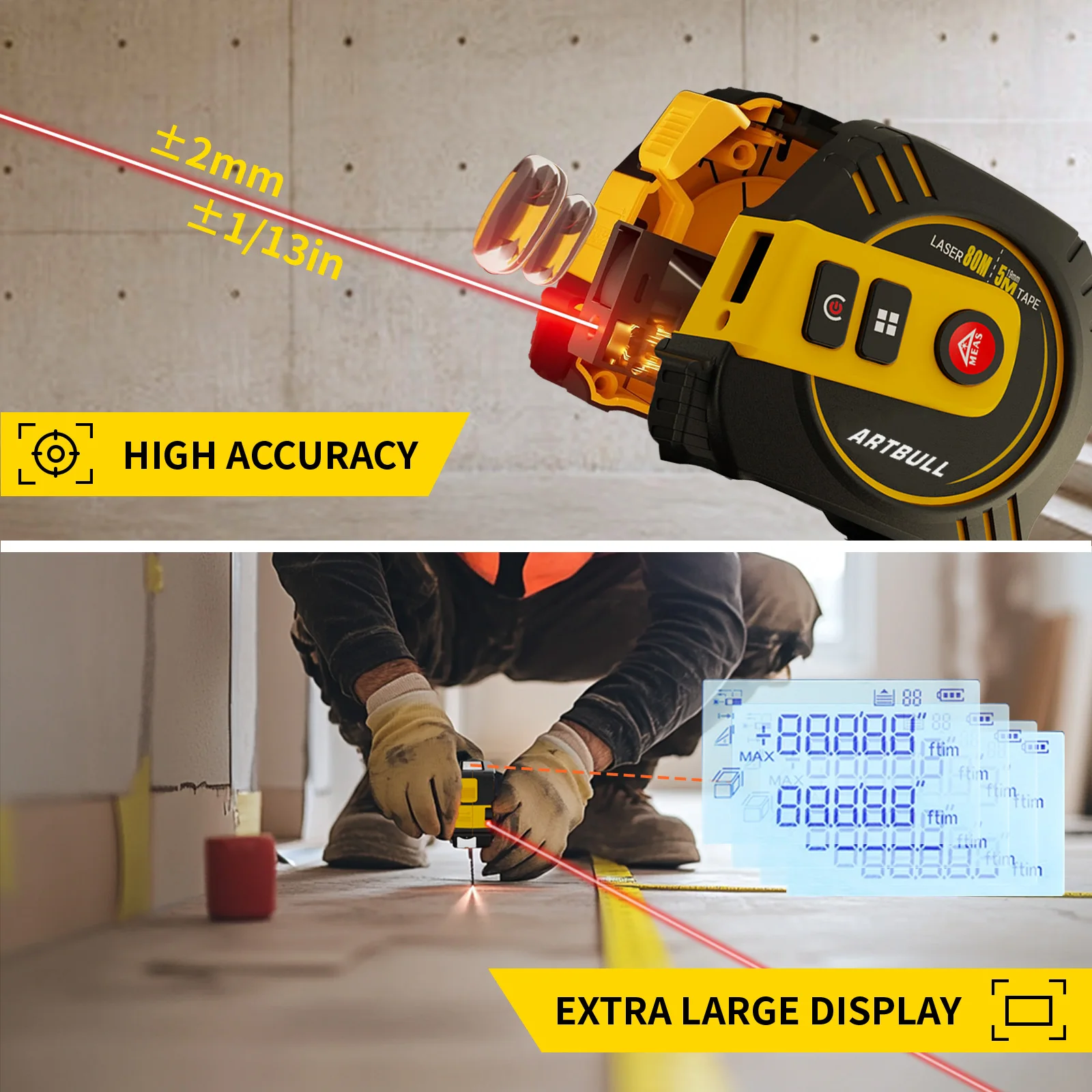 Telémetro láser multifunción 2 en 1, recargable, 80m, 40m con cinta de 5m, pantalla LCD con retroiluminación, cinta métrica láser - imagen 2