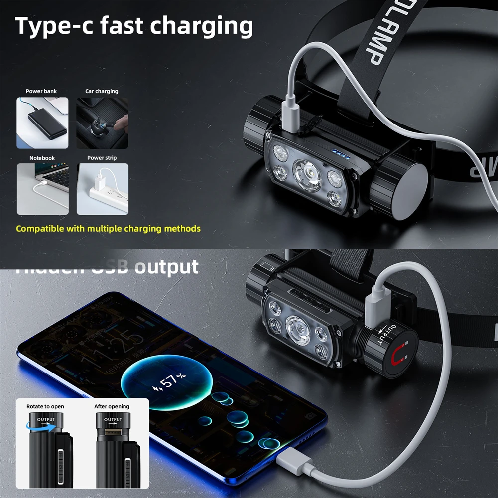 Faros de luz fuerte de inducción inteligente XHP50 para exteriores, linterna de pesca USB, luces magnéticas multifuncionales, nuevo - imagen 4