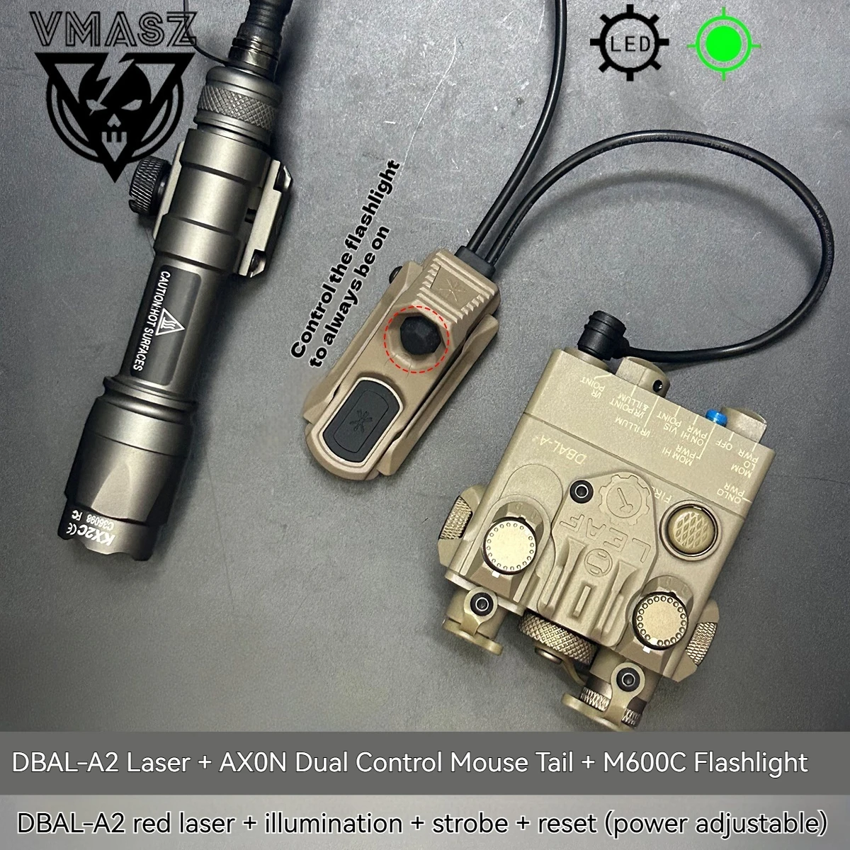 DBAL A2 punto rojo verde láser Surefi M300 M600 linterna presión caza Airsoft luz para riel de 20mm AXON rata cola Set - imagen 2