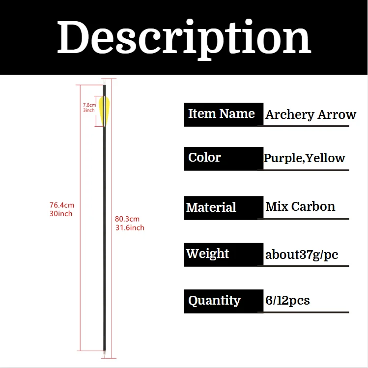 ‌ Flecha de carbono para tiro con arco SP500 ID6.2mm OD7.8mm 30 ''eje de flecha con punta ancha de 100gr para tiro de caza con arco al aire libre 6/12 Uds ‌ - imagen 2