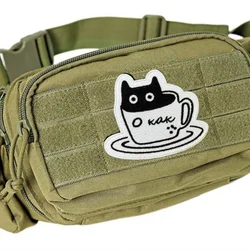 Parche táctico bordado gato negro con taza de café, gancho-bucle