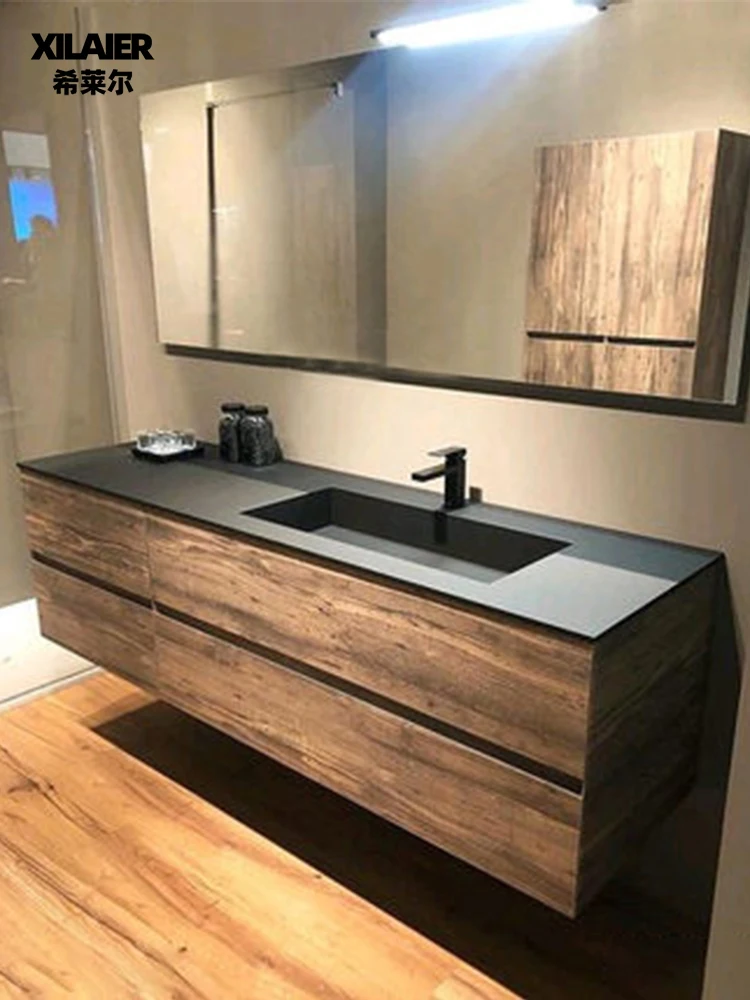 Armario de baño con tablero de roca, estilo japonés, color madera natural, lavarse las manos, lavabo facial, juego de combinación de lavabo integrado - imagen 5