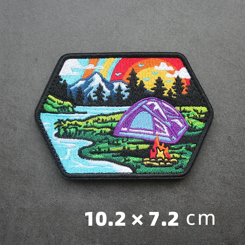 Parches bordados de paisaje volcánico, Parche de gancho y bucle, brazalete, insignia de árbol de coco con costura DIY, insignia de moral grande para acampar - imagen 5