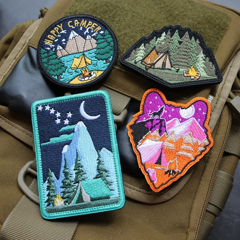 Brazaletes de senderismo al aire libre, parche de Camping HAPPY CAMPER Sunrise, mochila, bordado 3D, paisaje de bosque profundo, parches de bolsa, nuevo diseño - imagen 3