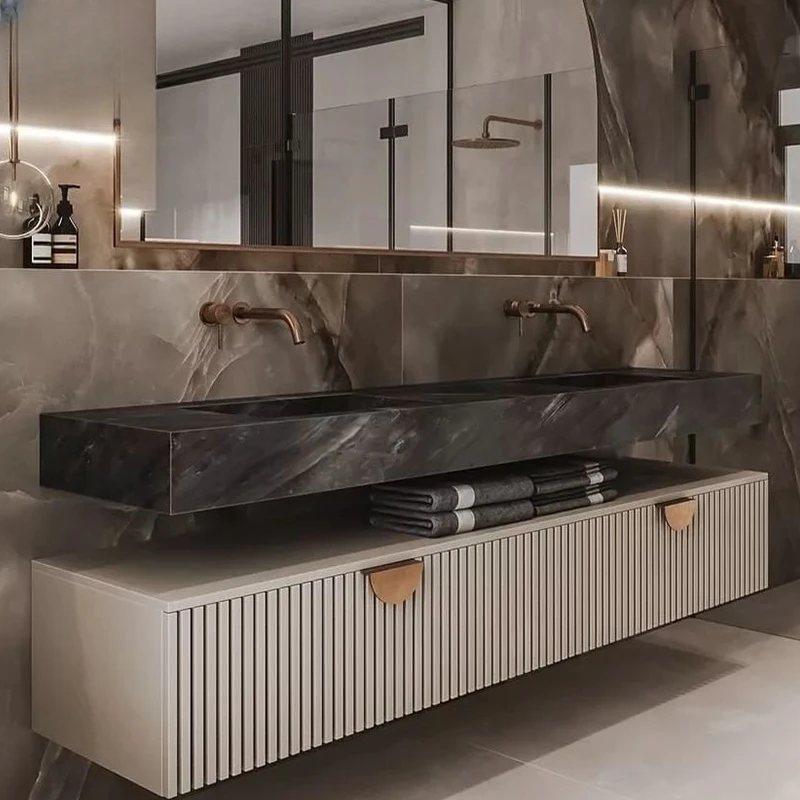 Lavabo integrado con placa de roca de viento de lujo, luz moderna, combinación de gabinete de baño, - imagen 3