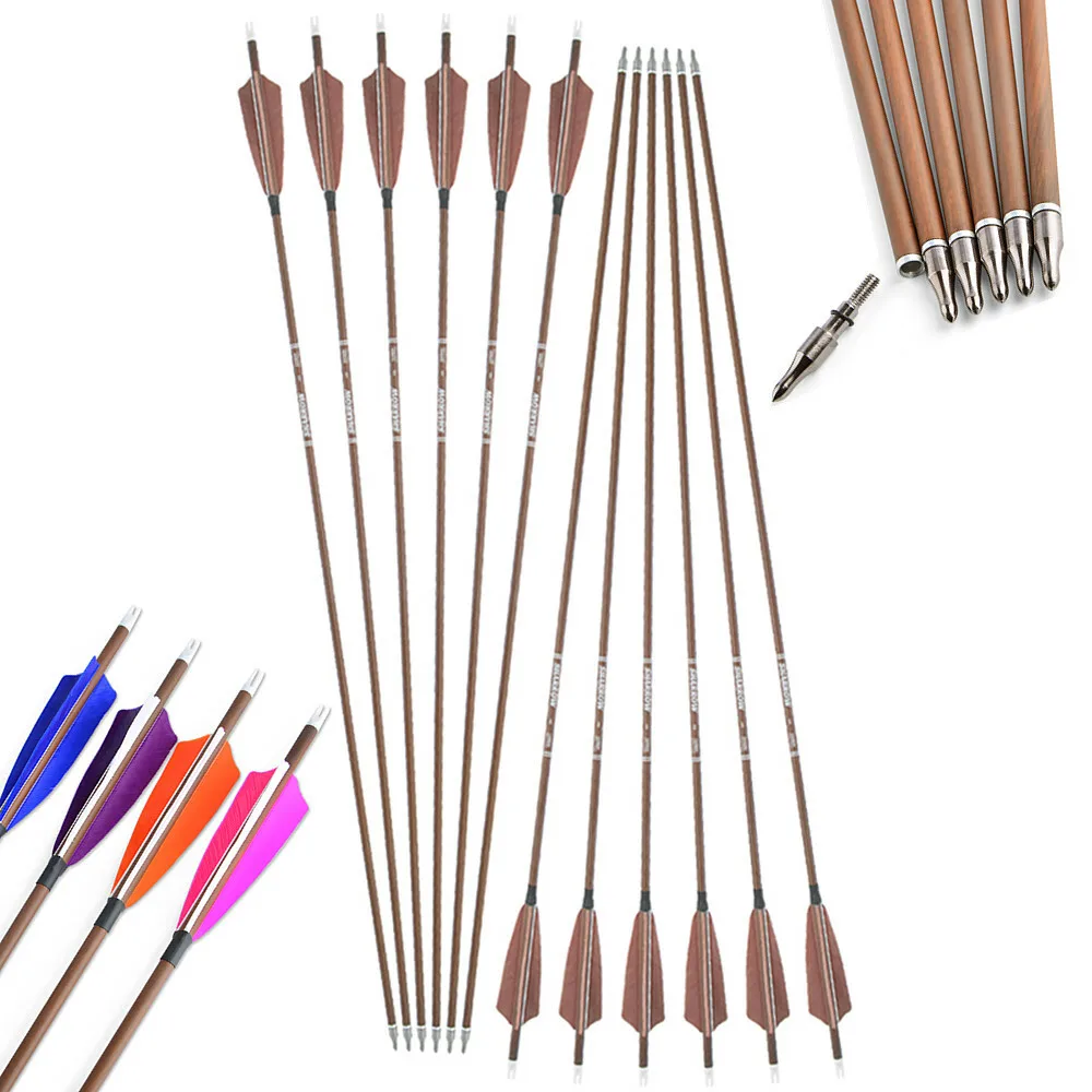 Flecha de tiro con arco 12 Uds 32,6 "flechas de carbono puro columna vertebral 340/400/500/600 ID 6,2mm 4 colores arco compuesto recurvo objetivo de tiro de caza