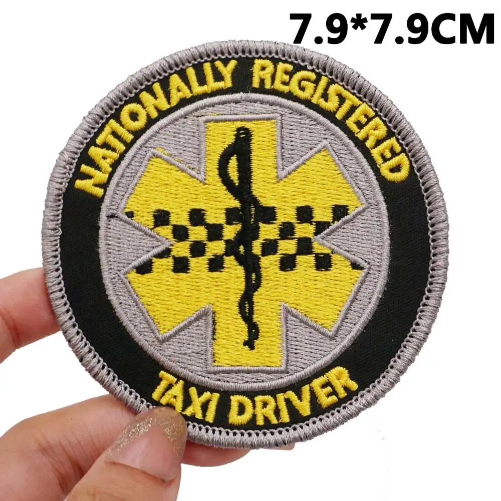 Parche bordado de conductor de Taxi certificado a nivel nacional, aplique de etiqueta de costura, banda de motorista punk, insignias de ropa de Rock con respaldo de gancho