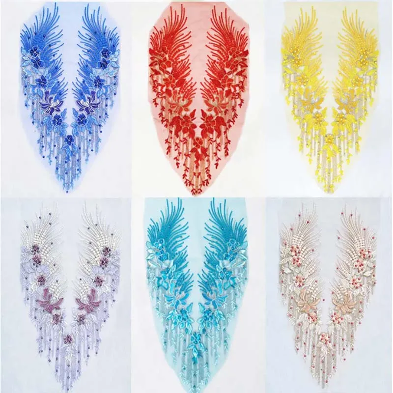 Corpiño de diamantes de imitación con cuentas, adornos y apliques, parches de costura, parche bordado de encaje de flores 3d para vestido de fiesta, 31x53CM - imagen 2