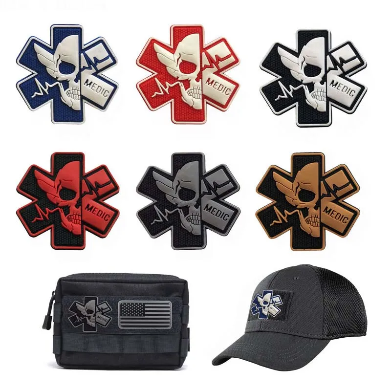 Insignias médicas de PVC 3D, parches de apliques de calavera paramédica con gancho, pegatinas militares tácticas, emblema de rescate para casco, mochila - imagen 3