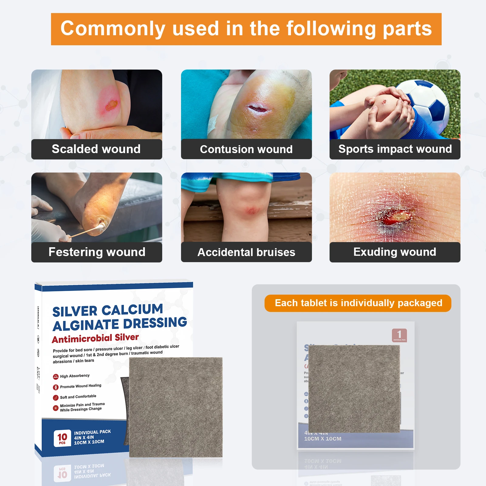 Gasa de vendaje suave y absorbente para el cuidado de heridas, vendaje de heridas de alginato Ag de calcio de plata, 5/10 piezas, 2 "/3"/4" - imagen 5