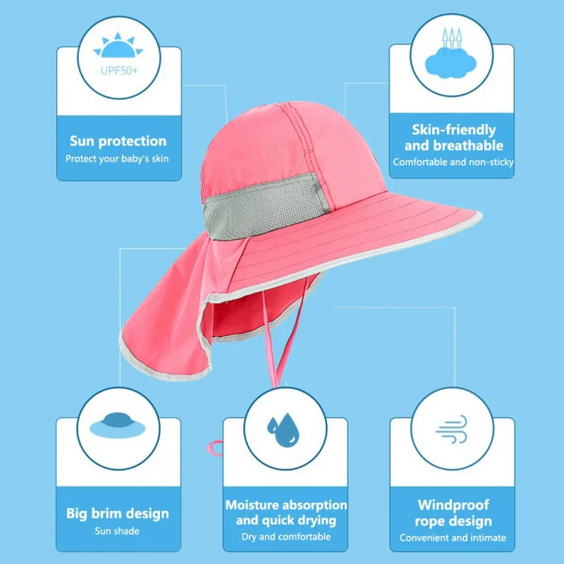 Sombrero de ala ancha para niños, gorra de cubo para playa, viaje al aire libre, pesca, Camping, senderismo, cubierta para el cuello, protección UV, Verano - imagen 4