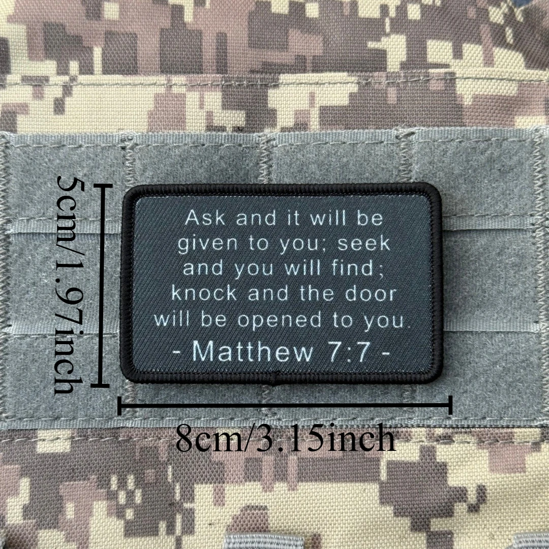 Matthew 7:7, insignia de moral del versículo bíblico, parches impresos para ropa, brazalete militar táctico, mochila con gancho y bucle, pegatinas personalizadas - imagen 3