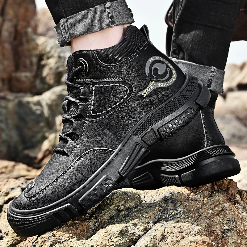 HIKEUP-zapatos para caminar para hombre, calzado de senderismo al aire libre, de alta calidad, cálidos, informales, de cuero, botas militares tácticas con cordones, antideslizantes - imagen 5