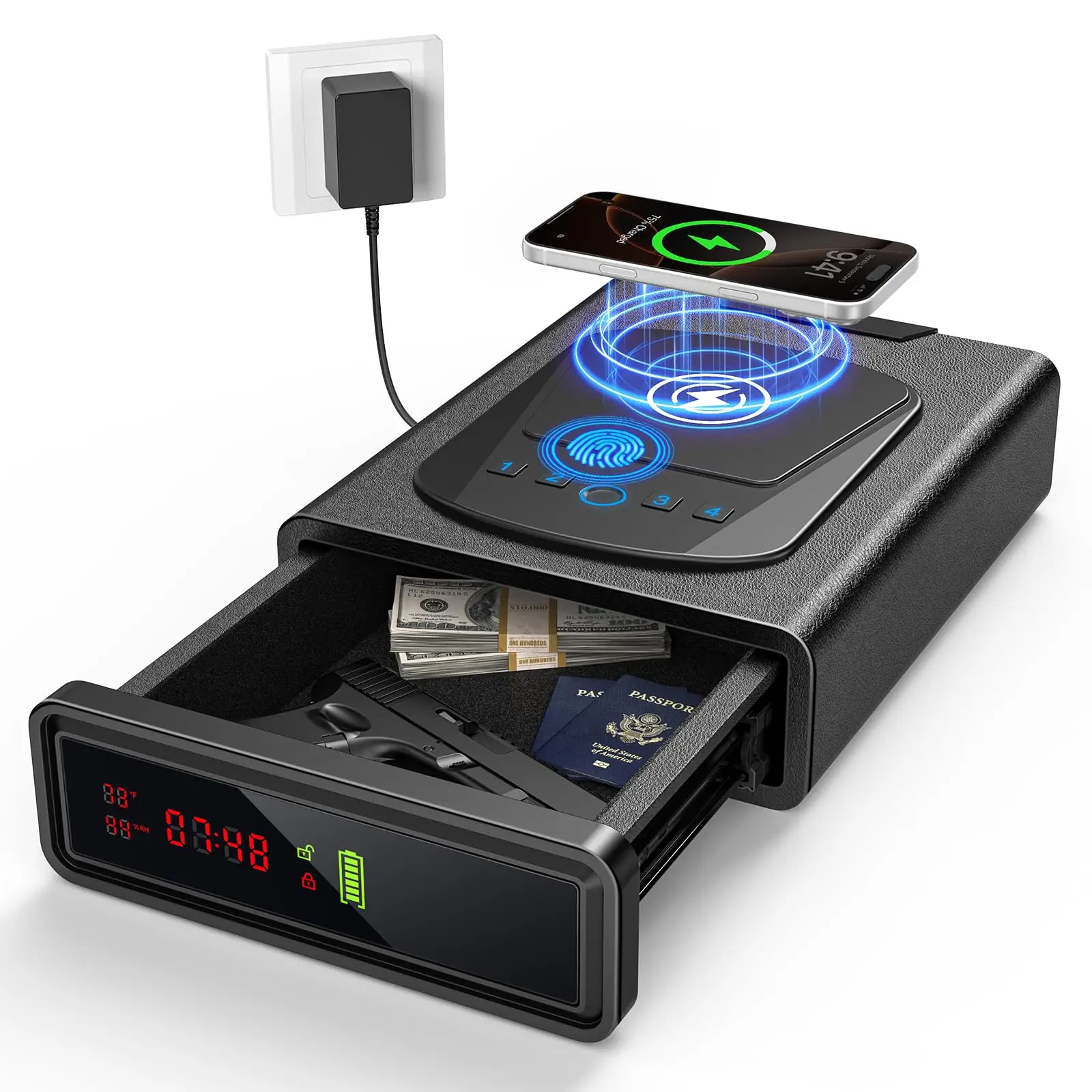Caja fuerte biométrica con huella y carga inalámbrica LED ajustable - imagen 5