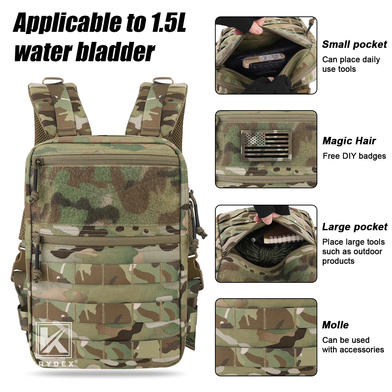 KRYDEX 500D-mochila táctica de hidratación de 50 oz, bolsa Modular de vejiga de agua de 1,5 l, accesorios para caza y senderismo al aire libre - imagen 2