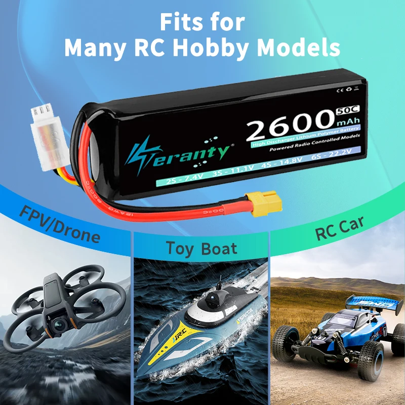 1/2 Uds Teranty 2S 7,4 V 2600mAh 50C/100C batería Lipo con conector T XT60 para Dron FPV helicóptero RC coche camión barco avión - imagen 2
