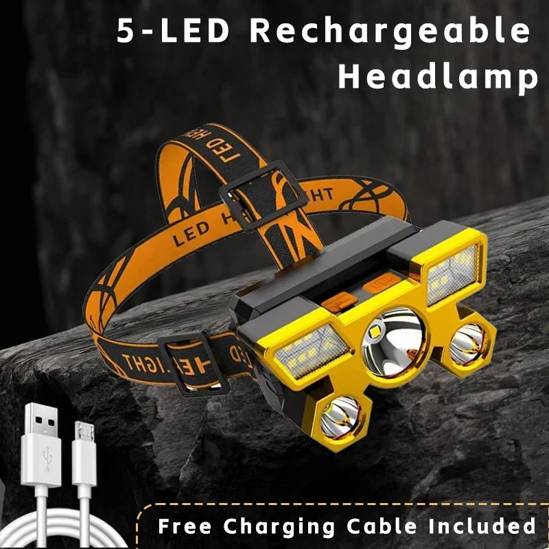 Linterna frontal de 5 LED, 4 modos, 200m, recargable por USB, linterna frontal impermeable con zoom para pesca al aire libre, Camping y senderismo