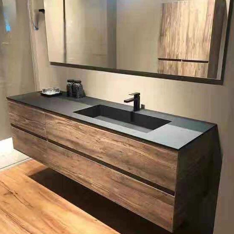 Armario de baño con tablero de roca, estilo japonés, color madera natural, lavarse las manos, lavabo facial, juego de combinación de lavabo integrado - imagen 2