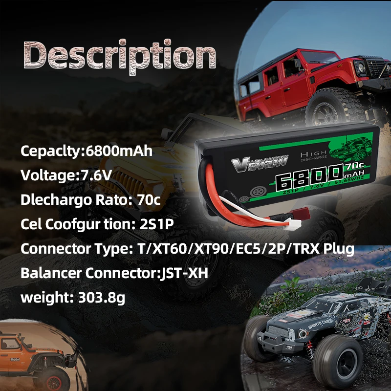 VSVAW Lipo 2S 6800mAh batería Lipo 7,6 V 70C con enchufe Deans para coche RC batería Lipo camión RC FPV Drone avión barco Buggy piezas - imagen 3