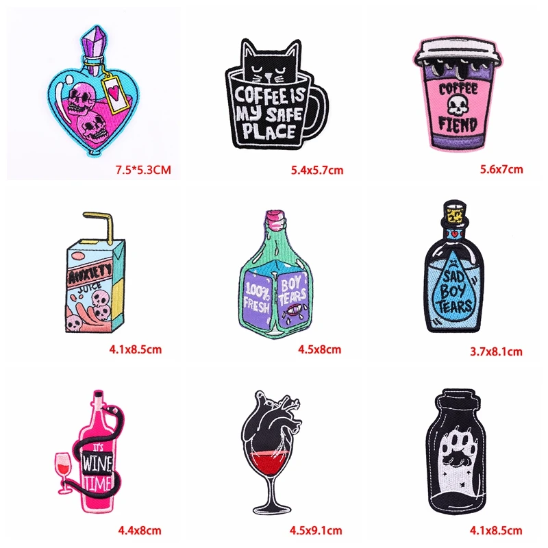 10 unids/lote botella de copa de vino tinto parche bordado hierro en parches para ropa personalizado Punk botella de dibujos animados parche chaquetas DIY - imagen 4
