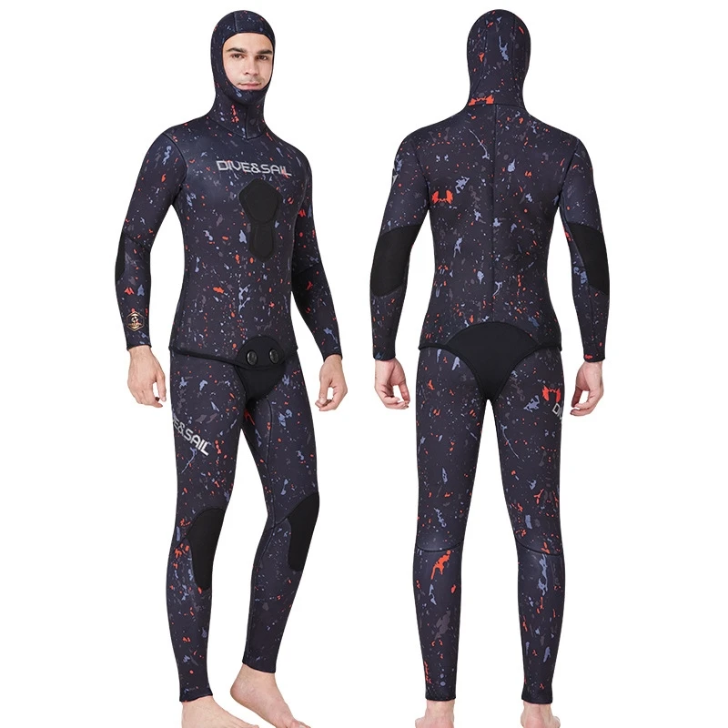traje de neopreno hombre traje buceo 5 mm hombre buceTraje de buceo de camuflaje de 3MM-7MM, traje de buceo de goma de cloropreno, traje de surf para hombre, traje de buceo profundo con capucha de manga larga, 2 piezas - imagen 3