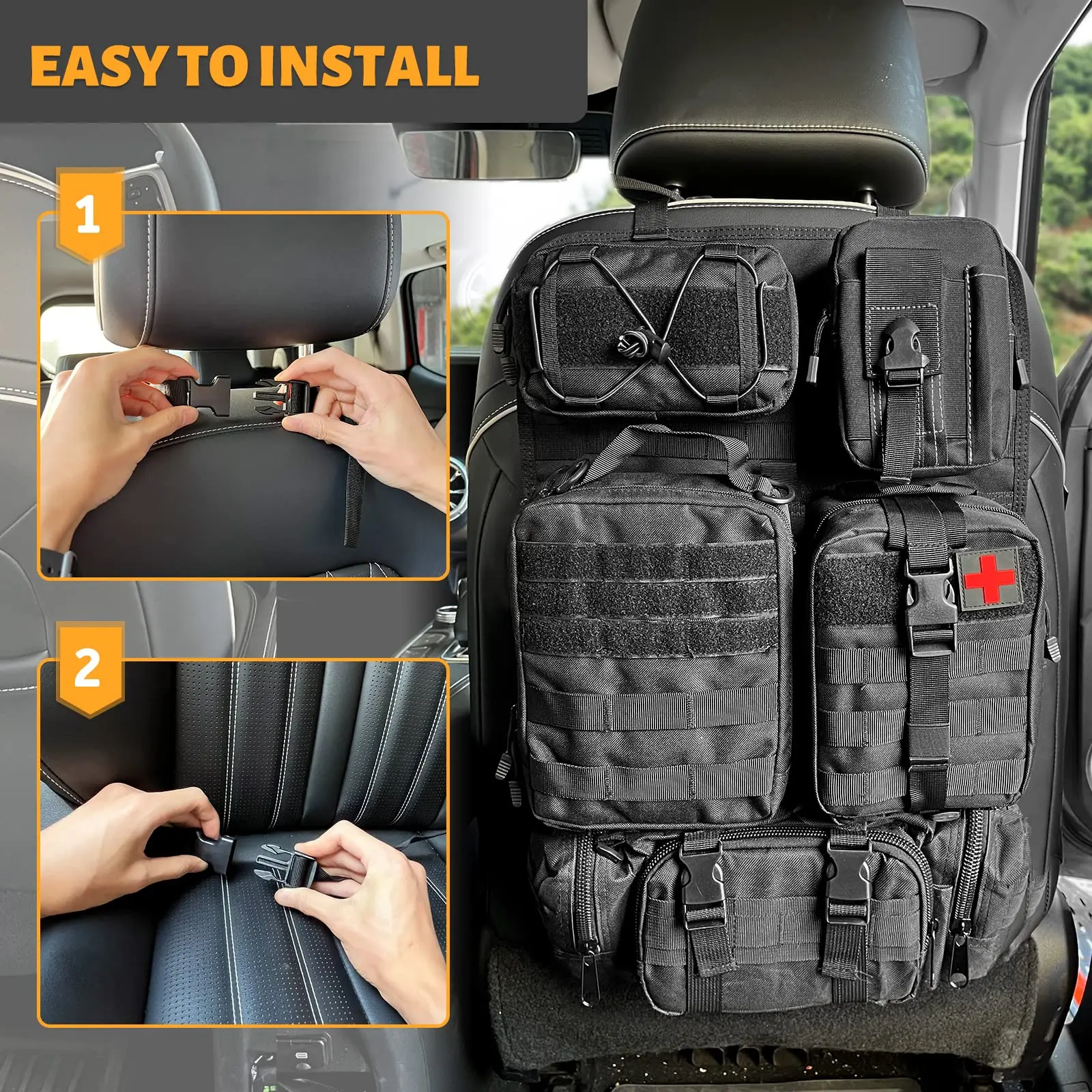 Organizador táctico para respaldo de asiento de coche, organizador táctico de Panel de vehículo con 5 bolsas Molle desmontables, Universal, se adapta a la mayoría de los vehículos - imagen 4