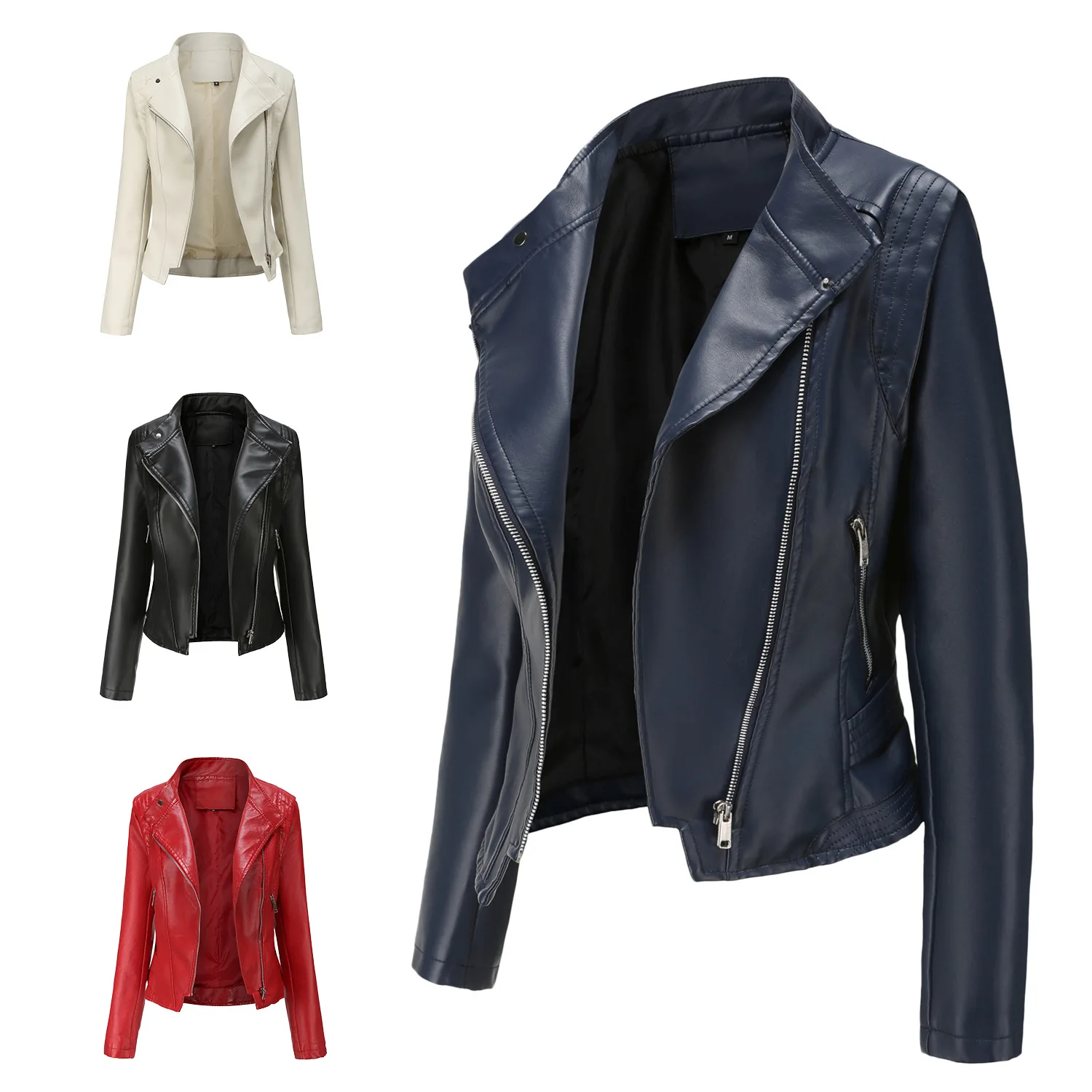 Chaqueta de motocicleta de cuero PU para mujer, gabardina fina con cremallera y cuello vuelto, chaqueta de motorista informal, prendas de vestir para primavera y otoño - imagen 3