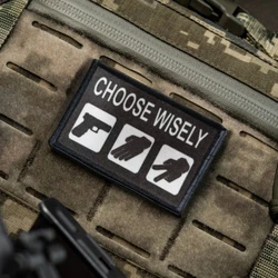 ESCAPE WISELY Insignia de moral, parches de gancho y bucle con estampado de pistola, brazalete táctico, mochila, sombrero, pegatina