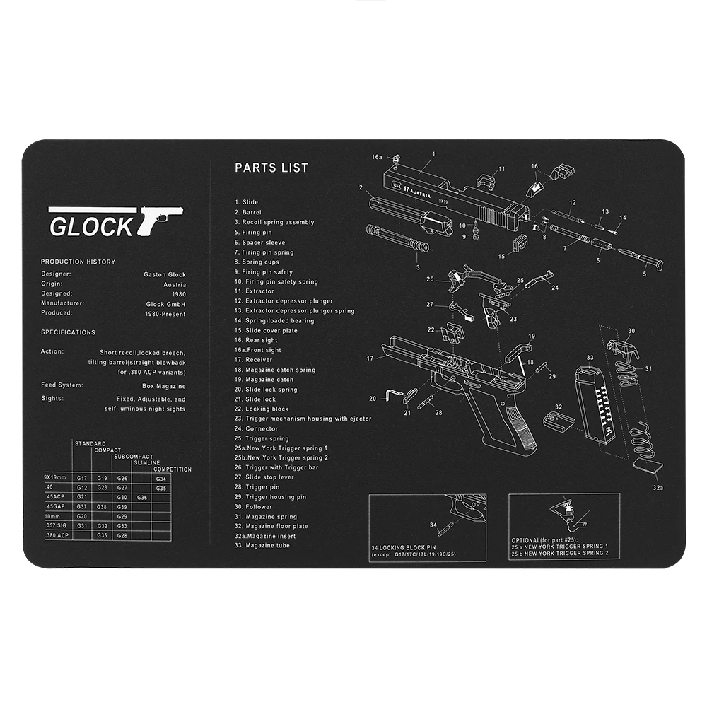 Glock/1911/P220/P226/P229/XD/SW MP/Alfombra de goma para limpieza de armas de fuego 17 "x 11" con diagrama de piezas e instrucciones - imagen 2