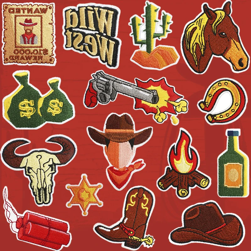 Parches bordados de vaquero occidental, emblema de dibujos animados, decoración de ropa, parche bordado de sombrero, insignia de hierro de revólver