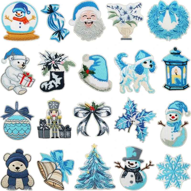 Parches bordados navideños azules y blancos, parches para planchar con muñeco de nieve y oso blanco, rayas decorativas para ropa, pegatinas