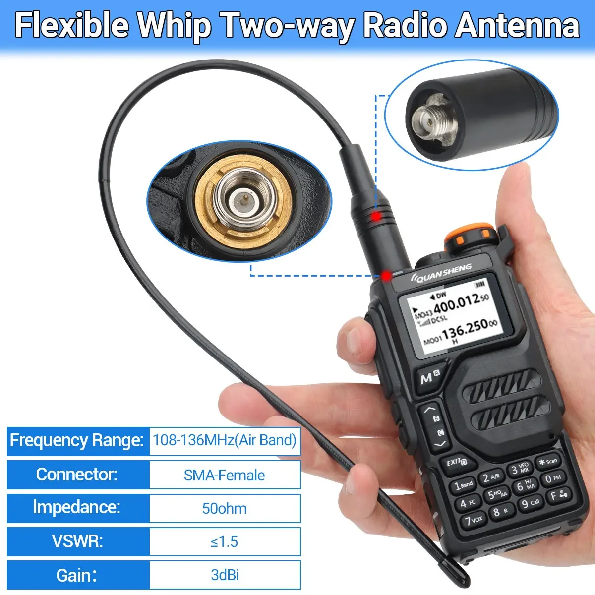 AM-771 banda aérea SMA-antena hembra 108-136MHz para Quansheng UV K5 (8) K6 Baofeng UV 5RH 21 PRO V2 UV-98 Walkie Talkie Ham Radio - imagen 3
