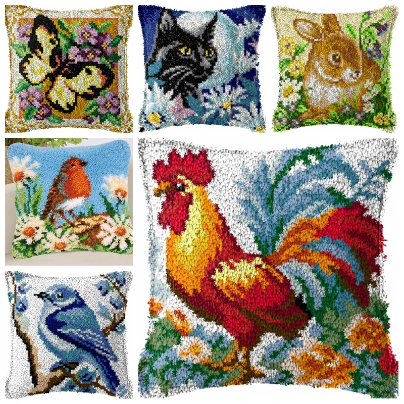 Gancho de pestillo para gato, gallo, pájaro, conejo, elefante, almohada bordada tejida a mano, Material de bordado de animales, Kits de alfombra con gancho de pestillo DIY