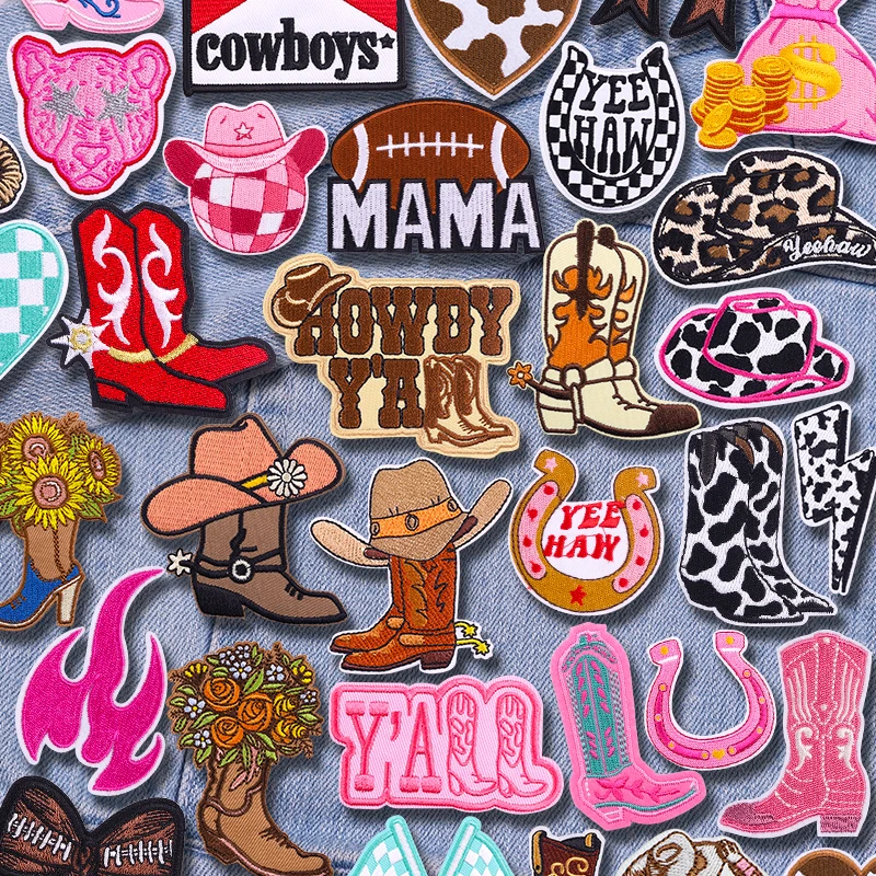 Parches bordados de cowboys/botas occidentales, parches termoadhesivos para planchar para ropa, sombreros, chaquetas, apliques