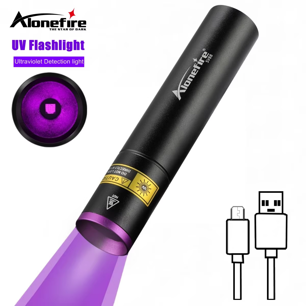 Linterna UV 365nm negra para fugas, manchas perro gato y curado uñas