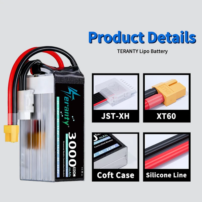 2 Baterías Lipo TERANTY 6S 3000mAh 22.2V 22.8V 60C 80C con Conector XT60 XT90 para Dron FPV, Helicóptero, Avión, Coche RC, Camión, Barco - imagen 2