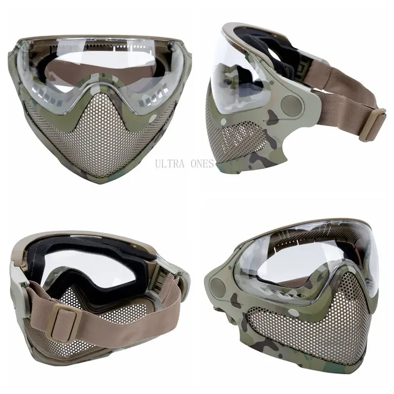 Máscara táctica de cara completa Paintball Airsoft tiro máscaras de protección de malla de acero ropa para la cabeza de caza máscaras transpirables con 3 lentes - imagen 3
