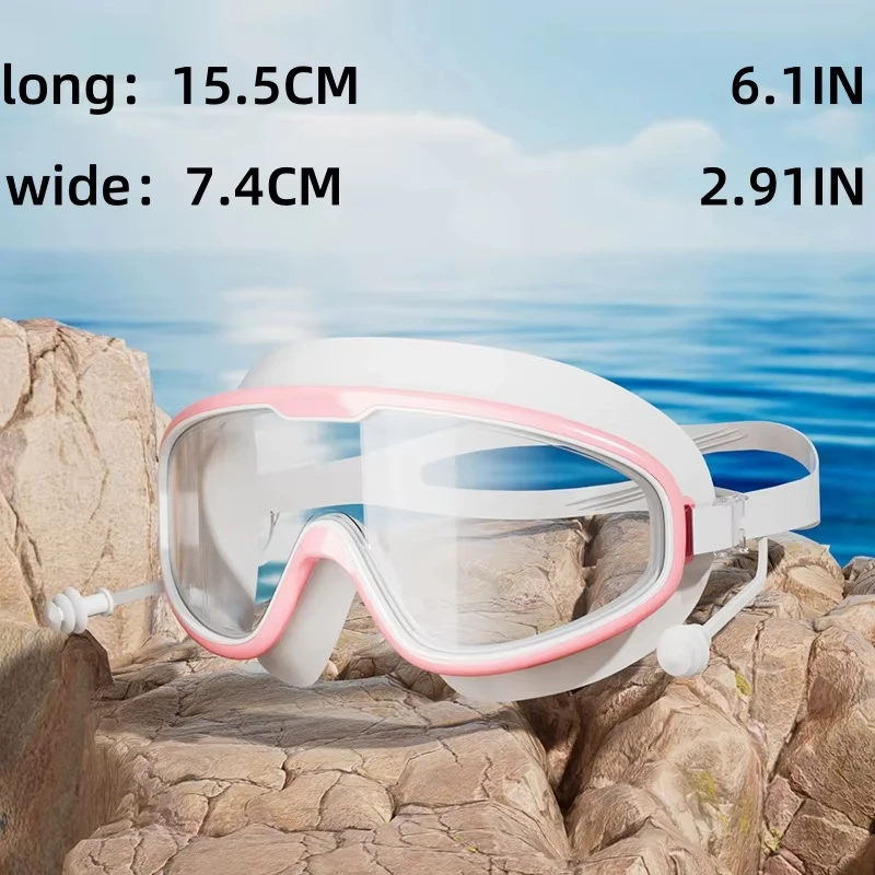 Gafas de natación con montura grande para adultos, lentes planas transparentes de alta definición, impermeables, antivaho, anti UV, con tapones para los oídos integrados, 1 piezas - imagen 4